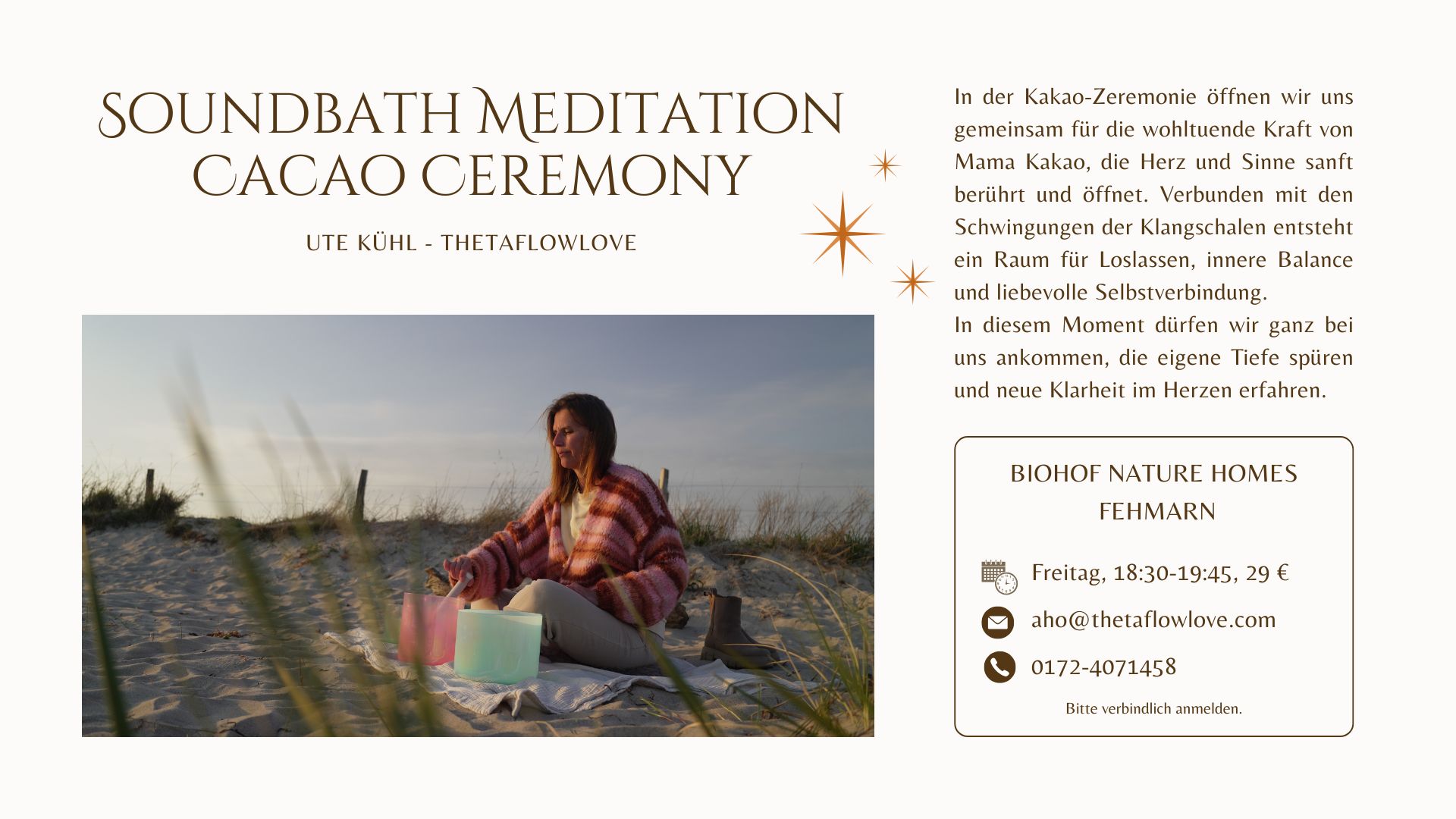 Soundbath Flyer Meditation und Cacaoceremony Frau sitzt mit Klangschalen am Strand