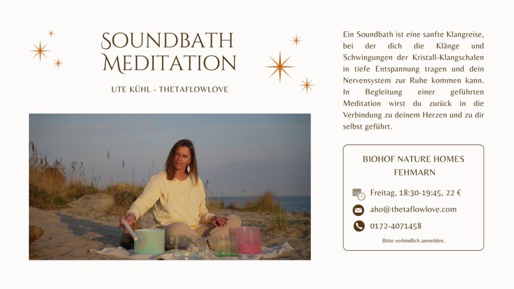 Flyer Soundbath und Meditation Frau mit Klangschale und Text zu der Veranstaltung