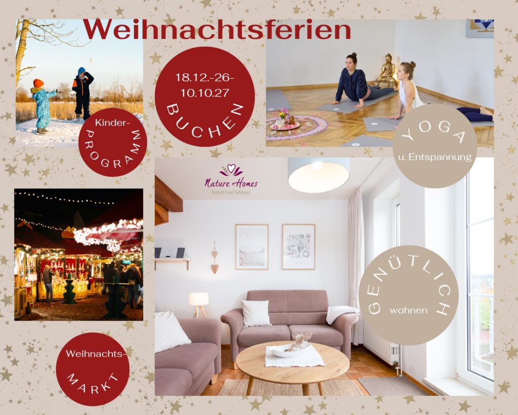Bilder von Ferienwohnung und Yogaraum mit Text für ein Angebot