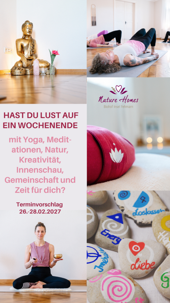 Flyer mit Buddha und Yogakissen und Schrift zum Yogawochenende